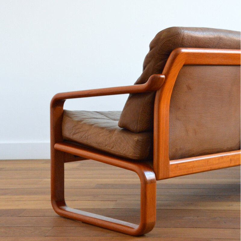 Vintage teak and leather sofa by Holstebro Möbelfabrik 1970s