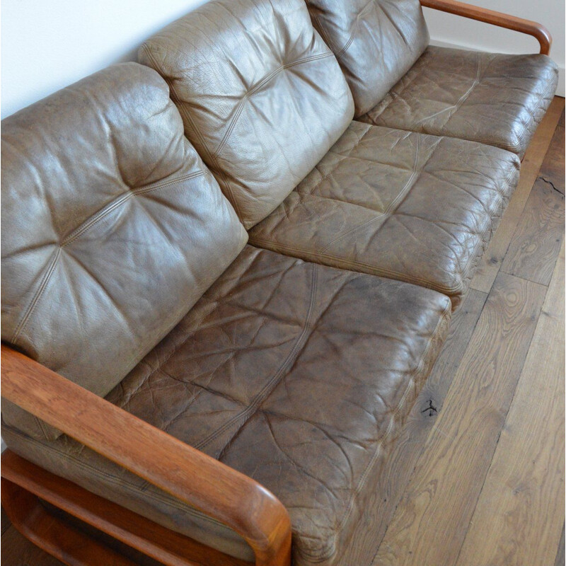 Vintage teak and leather sofa by Holstebro Möbelfabrik 1970s