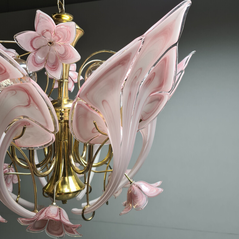 Vintage Gold-plated chandelier with Murano glass calla lily flowers 1960s