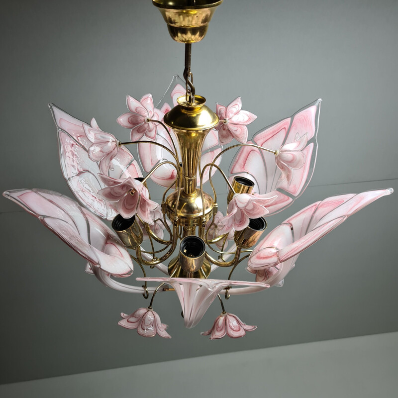 Vintage Gold-plated chandelier with Murano glass calla lily flowers 1960s