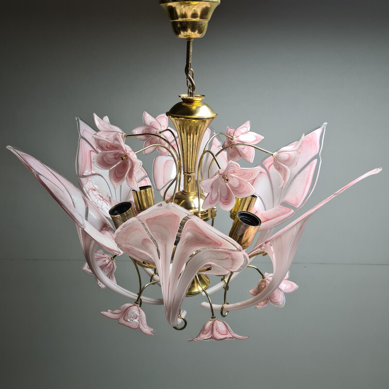 Vintage Gold-plated chandelier with Murano glass calla lily flowers 1960s