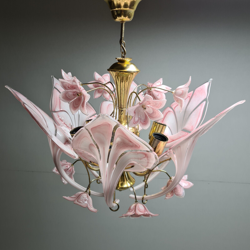 Vintage Gold-plated chandelier with Murano glass calla lily flowers 1960s