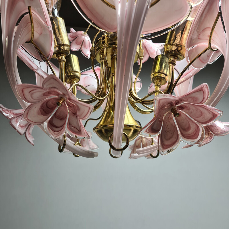 Vintage Gold-plated chandelier with Murano glass calla lily flowers 1960s