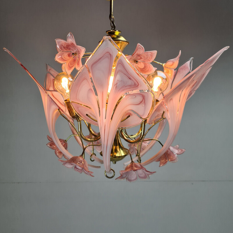 Vintage Gold-plated chandelier with Murano glass calla lily flowers 1960s