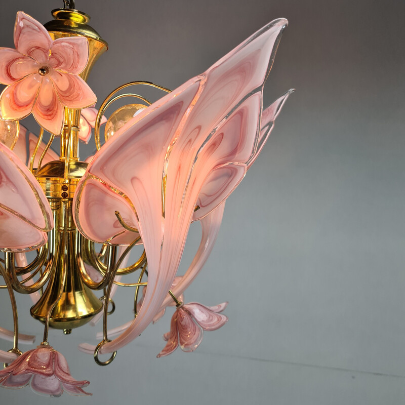 Vintage Gold-plated chandelier with Murano glass calla lily flowers 1960s