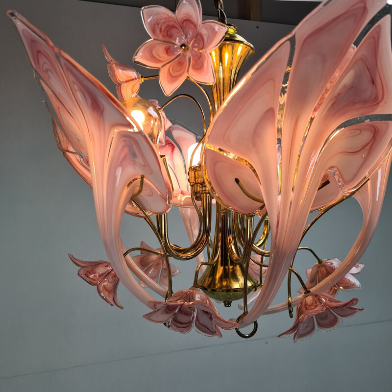 Vintage Gold-plated chandelier with Murano glass calla lily flowers 1960s