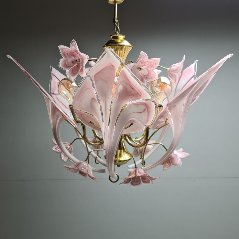 Vintage Gold-plated chandelier with Murano glass calla lily flowers 1960s