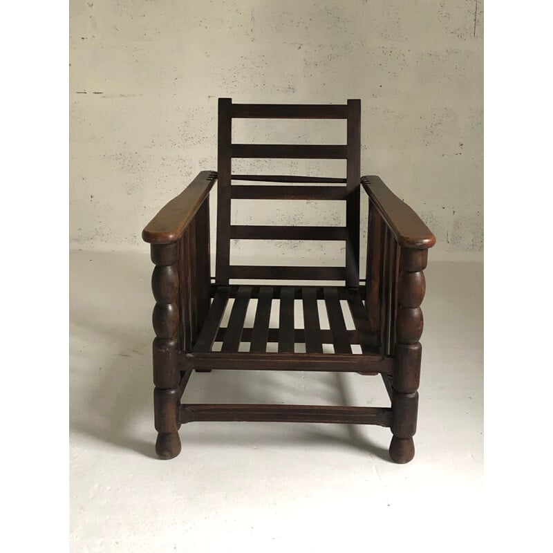 Fauteuil vintage inclinable colonial Charles Dudouyt 1950
