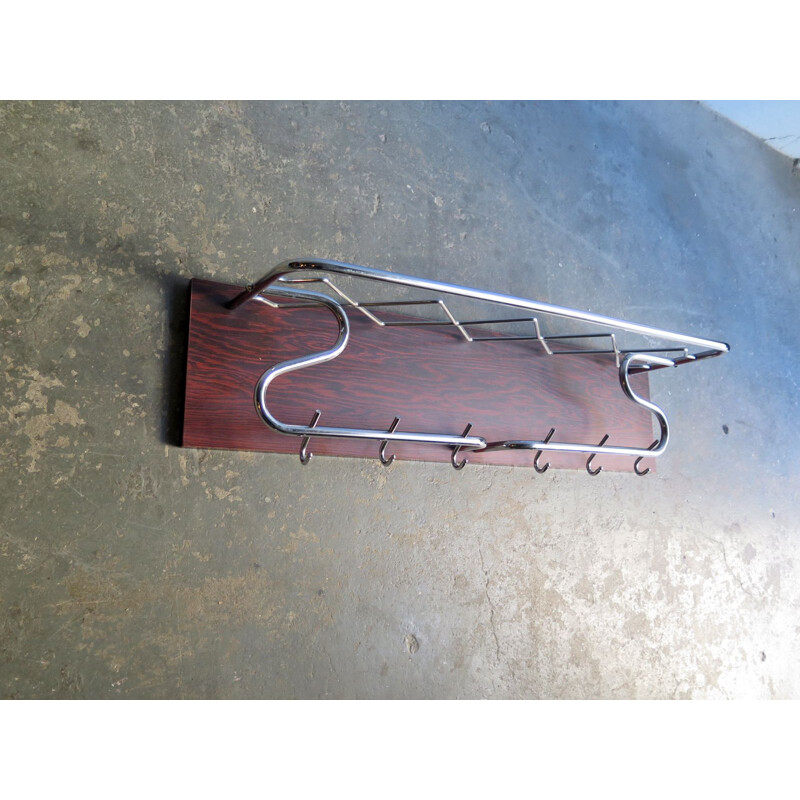 Vintage chrome plated metal coat rack in a rosewood board, 1950