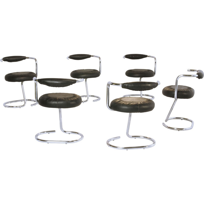 Set of six chairs in chromed metal and black leatherette, Giotto STOPPINO - 1970s