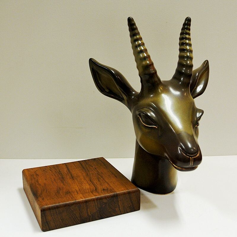 Vintage stoneware deer head by Gunnar Nylund for Rörstrand, Sweden 1940