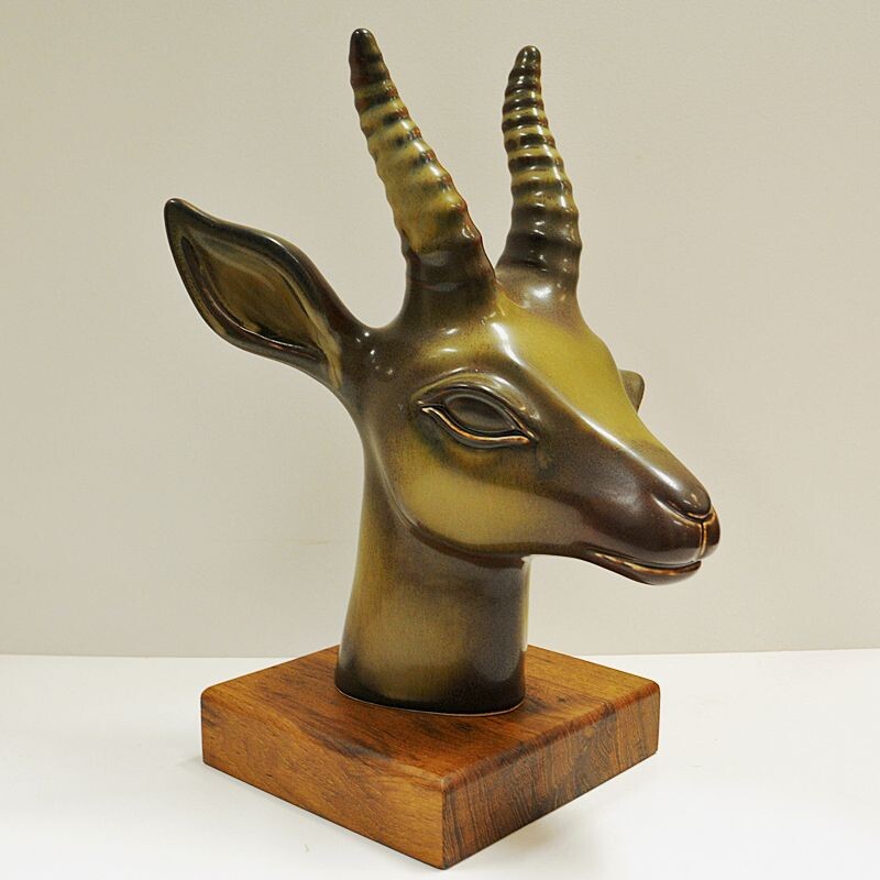 Vintage stoneware deer head by Gunnar Nylund for Rörstrand, Sweden 1940