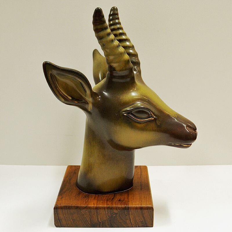 Vintage stoneware deer head by Gunnar Nylund for Rörstrand, Sweden 1940