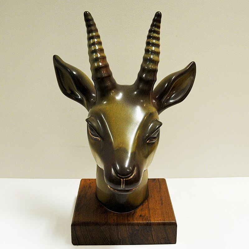 Vintage stoneware deer head by Gunnar Nylund for Rörstrand, Sweden 1940