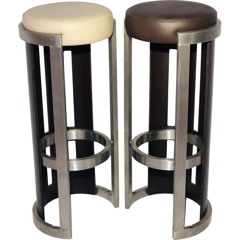 Pair of vintage wooden and aluminium bar stools 1990s