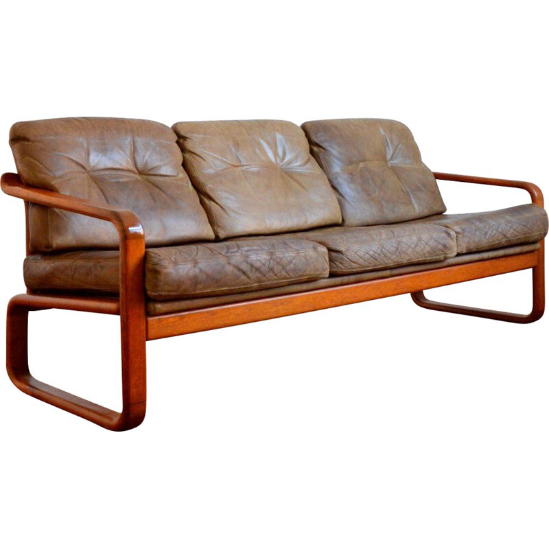 Vintage teak and leather sofa by Holstebro Möbelfabrik 1970s