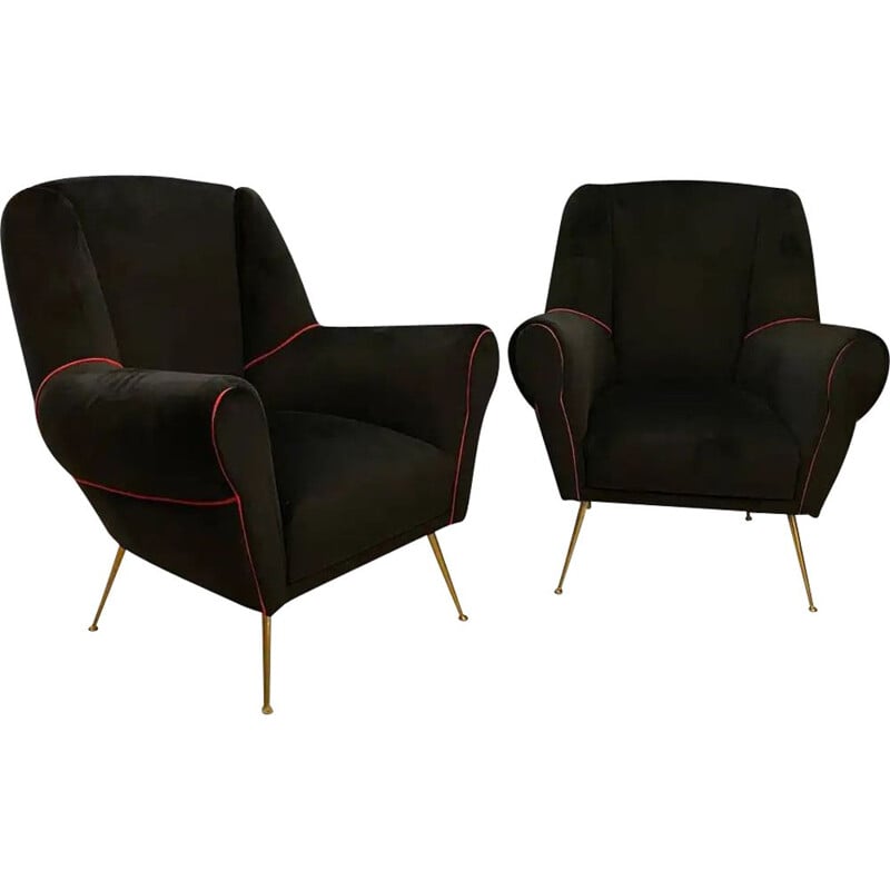 Pair of vintage Brass and Black Velvet Armchairs Italy 1950s