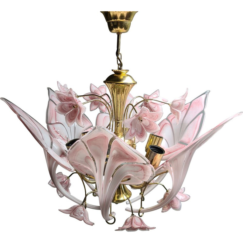 Vintage Gold-plated chandelier with Murano glass calla lily flowers 1960s