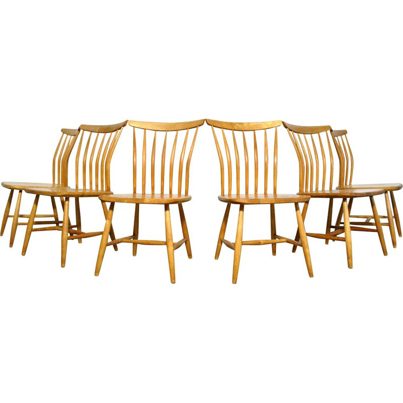 Set of 4 vintage birch wood dining chair by Akerblom & Eklof for Akerblom Stolen Sweden 1954s