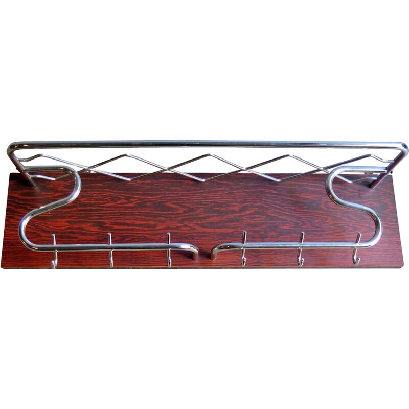 Vintage chrome plated metal coat rack in a rosewood board, 1950