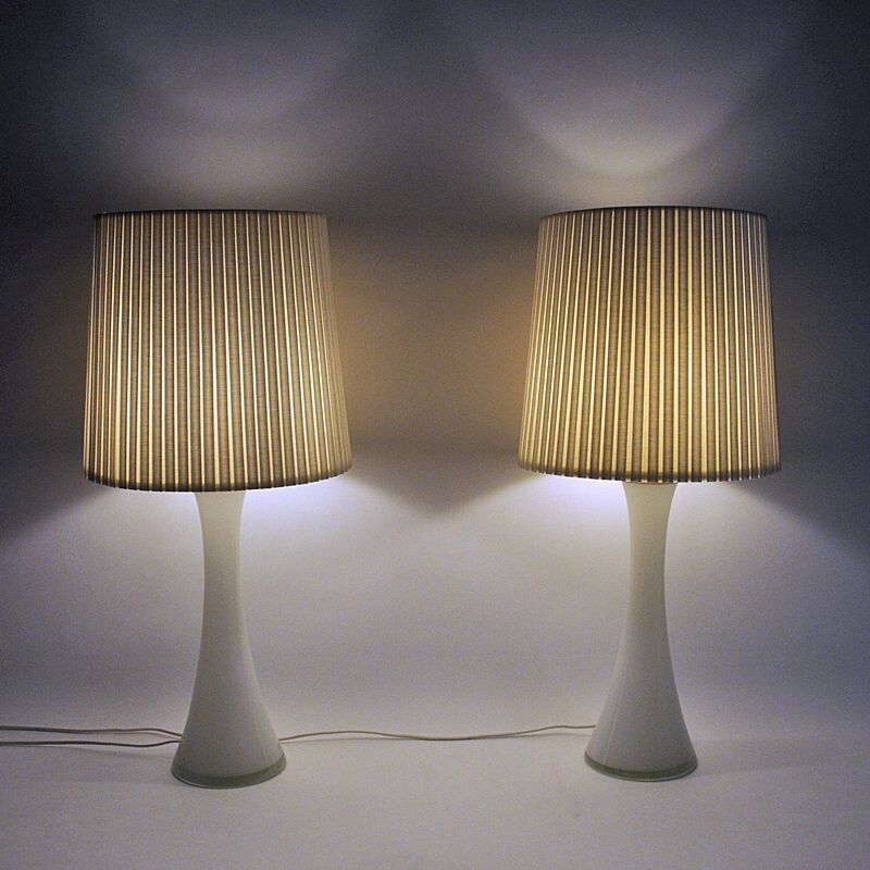 Pair of vintage White Glass tablelamp by Berndt Nordstedt for Bergboms Sweden 1960s