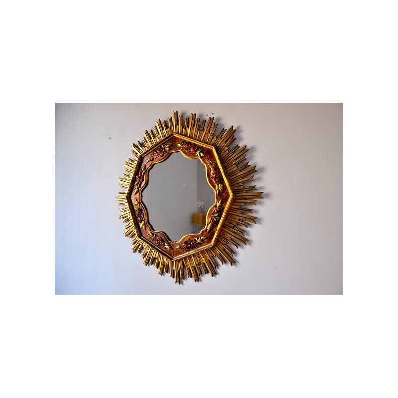 Vintage sunburst mirror in gilded wood, 1960