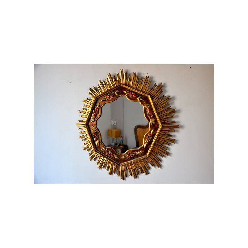 Espejo vintage sunburst de madera dorada, 1960