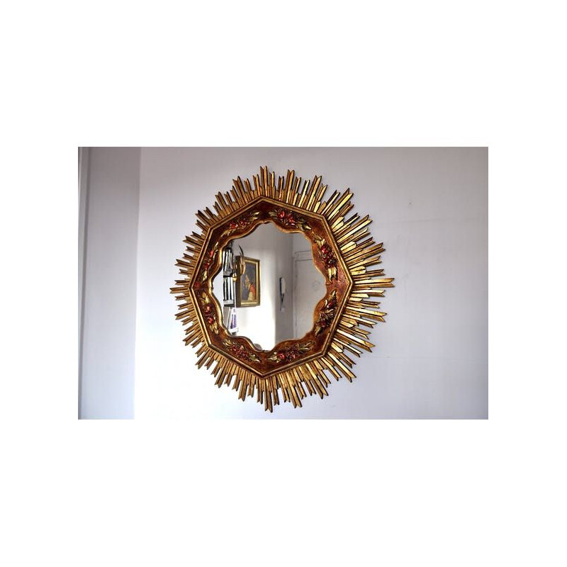 Vintage sunburst mirror in gilded wood, 1960