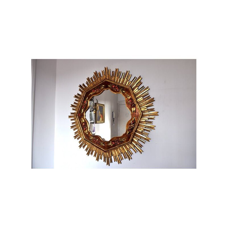 Vintage sunburst spiegel in verguld hout, 1960