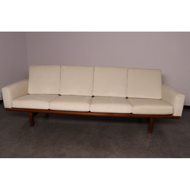 Vintage 4-seater sofa in oak & white fabric by Hans Wegner for Getama Denmark 1960s