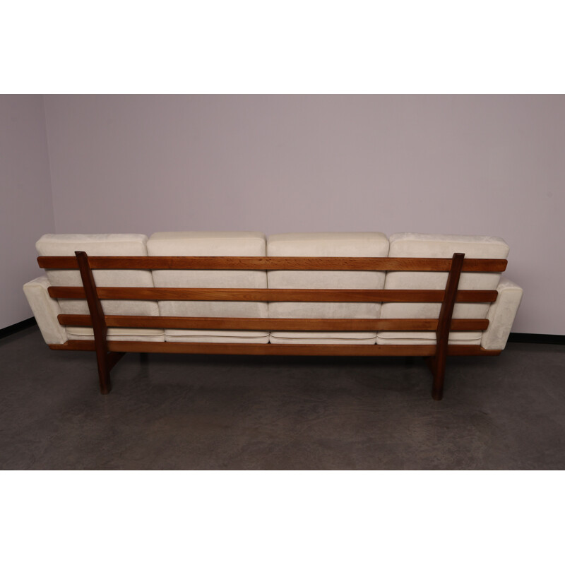 Vintage 4-seater sofa in oak & white fabric by Hans Wegner for Getama Denmark 1960s