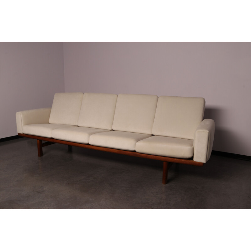 Vintage 4-seater sofa in oak & white fabric by Hans Wegner for Getama Denmark 1960s