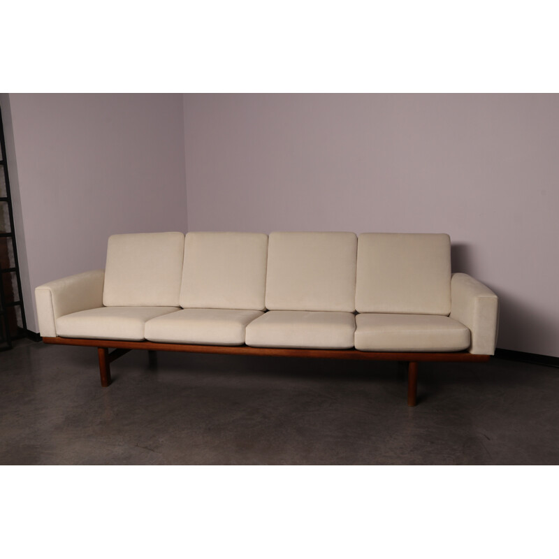 Vintage 4-seater sofa in oak & white fabric by Hans Wegner for Getama Denmark 1960s