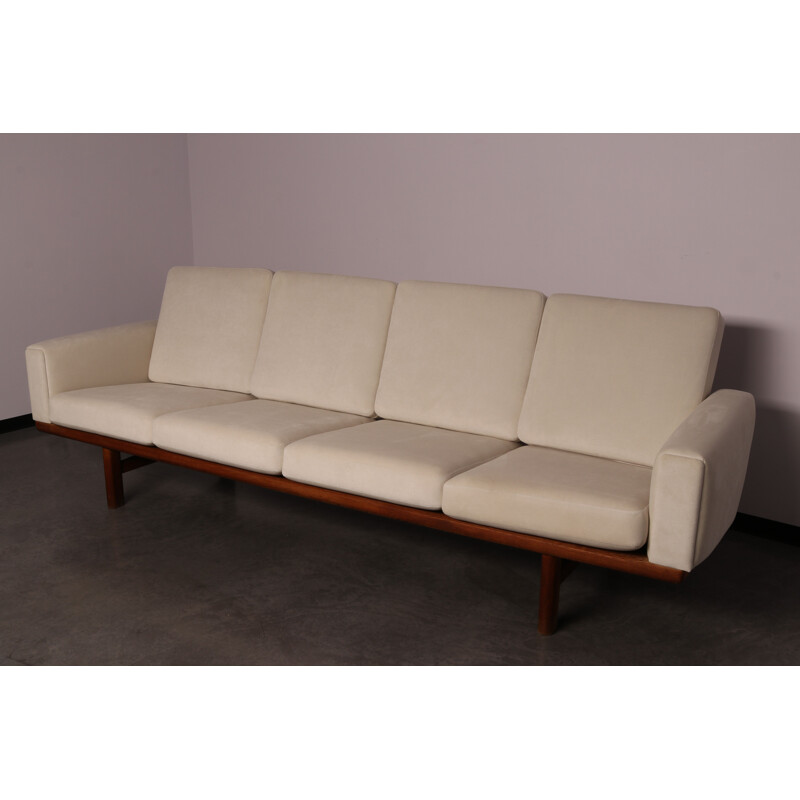 Vintage 4-seater sofa in oak & white fabric by Hans Wegner for Getama Denmark 1960s