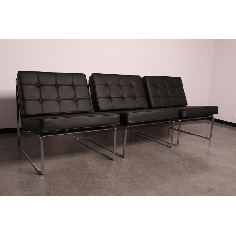 Set of 3 vintage black leather armchairs by Kho Liang Ie for Artifort, Netherlands 1960