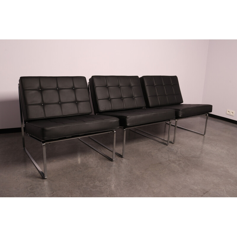 Set of 3 vintage black leather armchairs by Kho Liang Ie for Artifort, Netherlands 1960