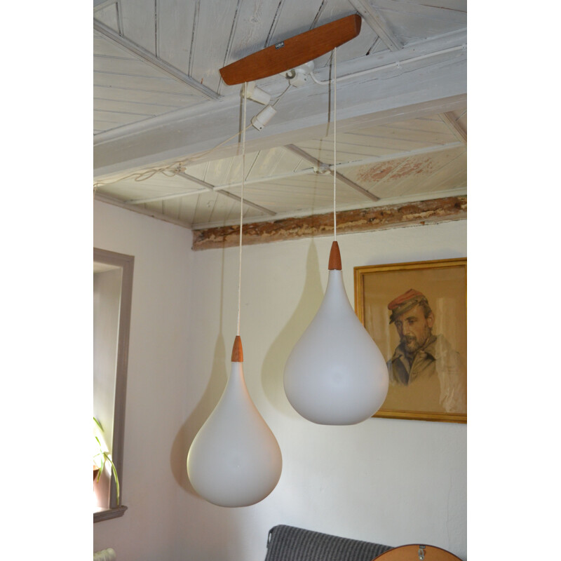 Vintage two-armed opal glass suspension by Uno and Östen Kristiansson for Luxus, Sweden 1960