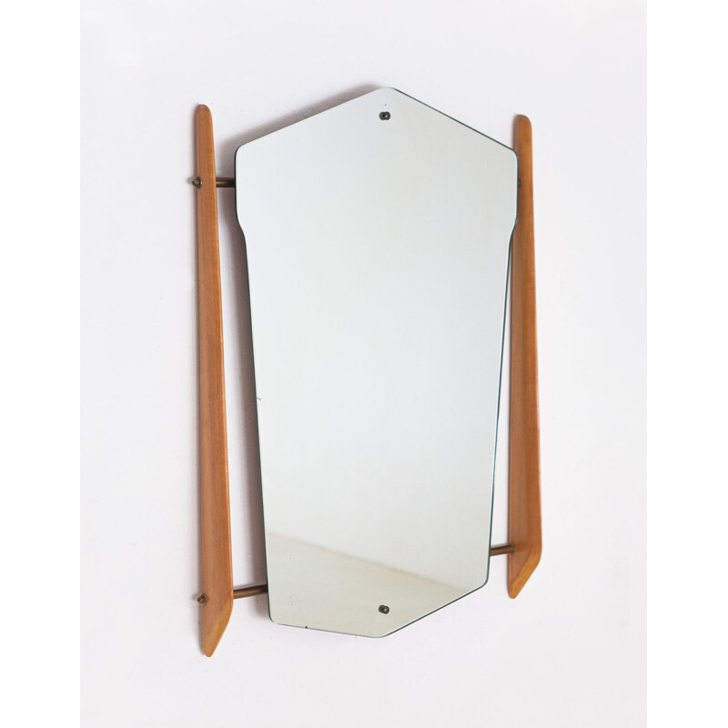 Vintage Wall Mirror with Maple Wood and Brass Frame Italy 1950s