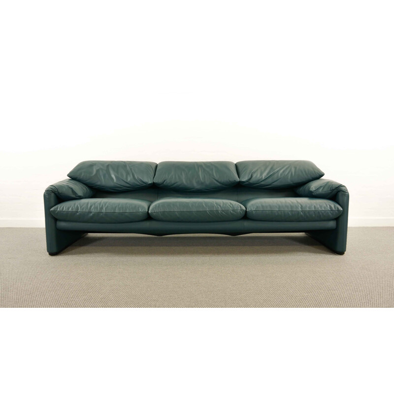 Vintage Cassina Maralunga 3-Seat Sofa by Vico Magistretti in petrol-darkgreen Leather 1973s