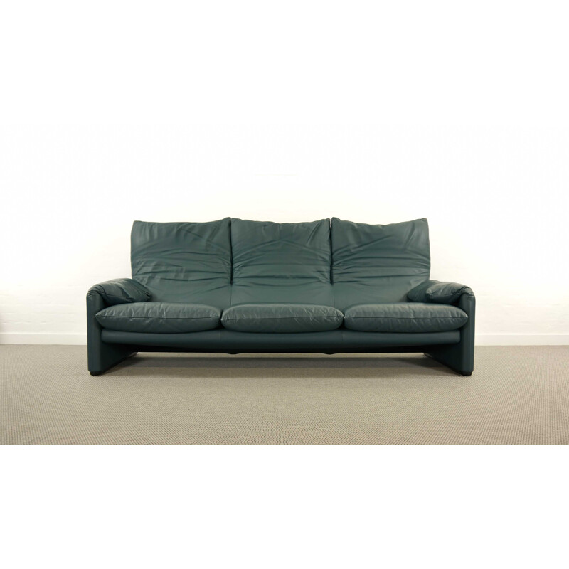 Vintage Cassina Maralunga 3-Seat Sofa by Vico Magistretti in petrol-darkgreen Leather 1973s