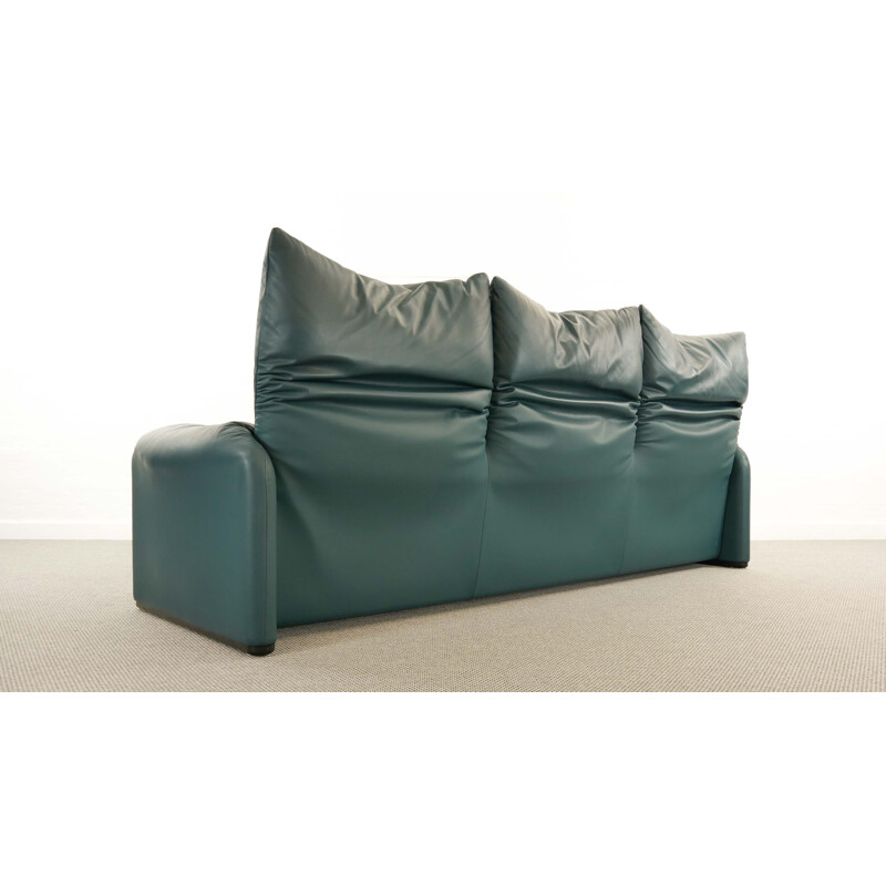 Vintage Cassina Maralunga 3-Seat Sofa by Vico Magistretti in petrol-darkgreen Leather 1973s