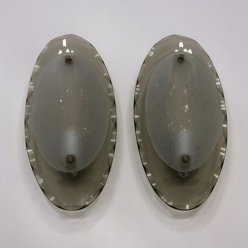 Vintage Oval curved glass sconces by Cristal Art 1960s