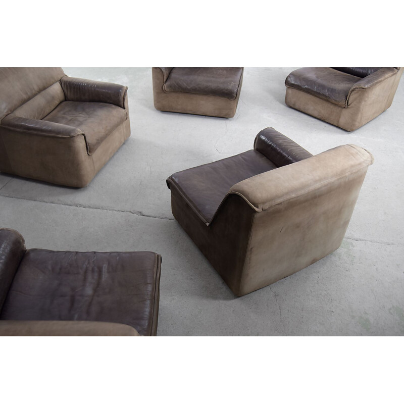 Lot de 5 canapés et fauteuils vintage modulaires en cuir brun industriel ar COR Sitzcomfort 1960