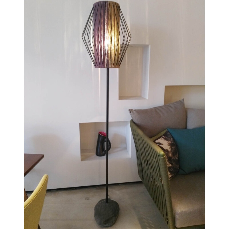 Lampadaire vintage en pierre, métal et corde - 1950