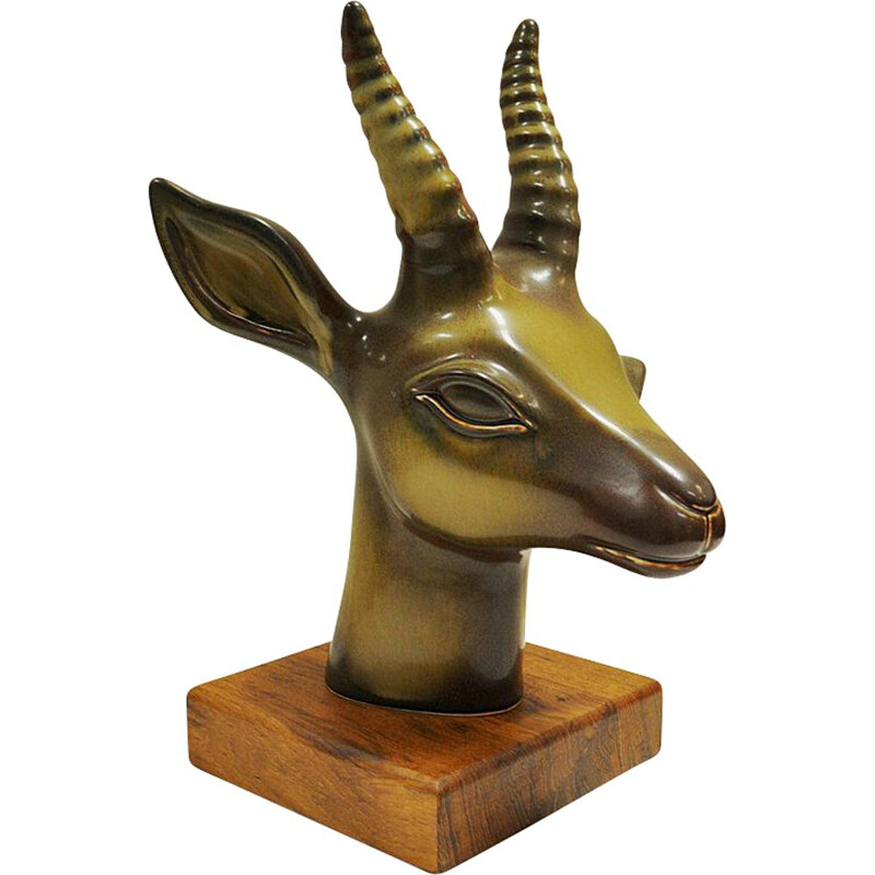 Vintage stoneware deer head by Gunnar Nylund for Rörstrand, Sweden 1940