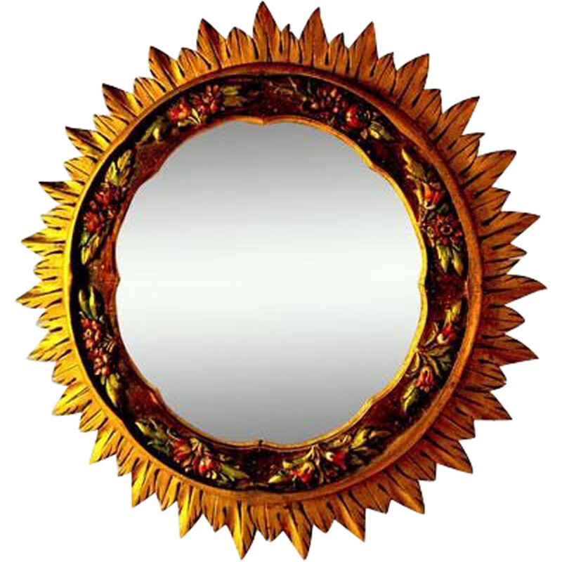Miroir vintage soleil en bois doré 1960