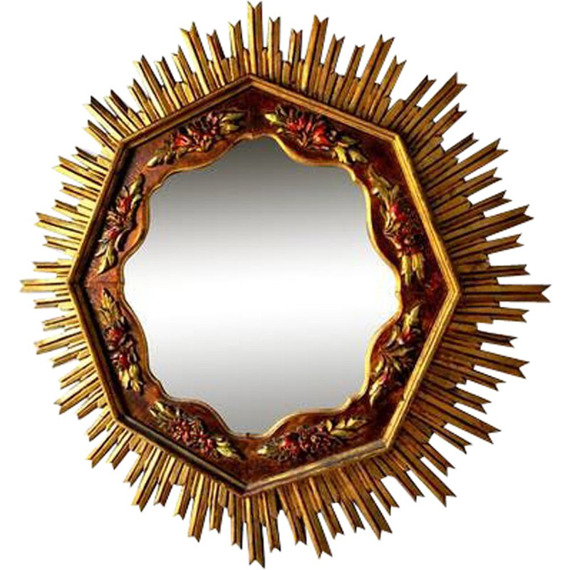 Miroir vintage soleil en bois doré, 1960