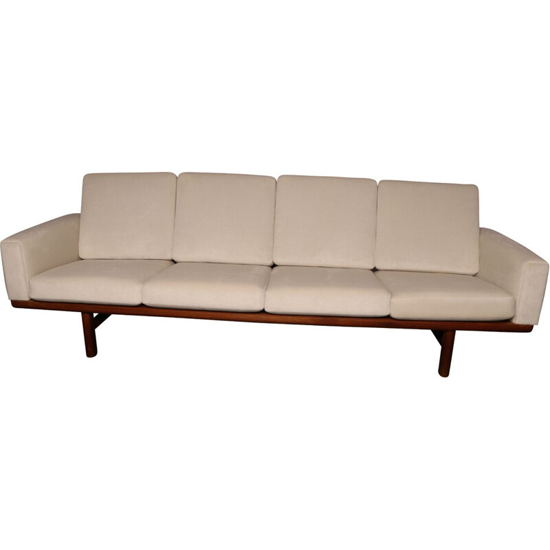 Vintage 4-seater sofa in oak & white fabric by Hans Wegner for Getama Denmark 1960s