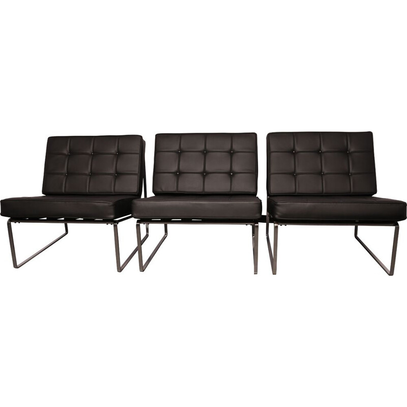 Set of 3 vintage black leather armchairs by Kho Liang Ie for Artifort, Netherlands 1960