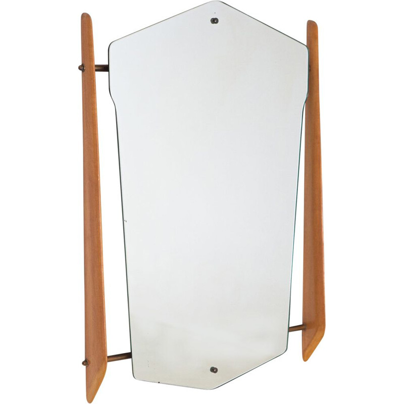 Vintage Wall Mirror with Maple Wood and Brass Frame Italy 1950s